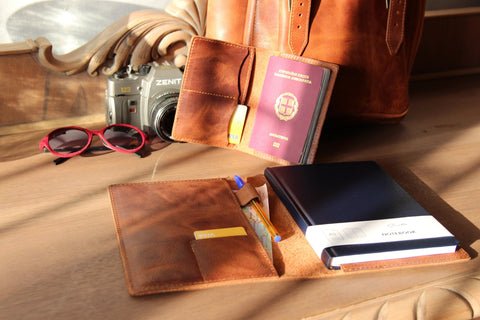 Leather gift set with calendar 2024, journal cover, passport holder and keychain