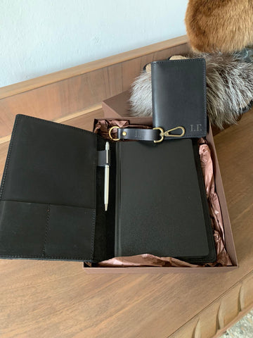 Leather gift set with journal cover, passport holder and keychain