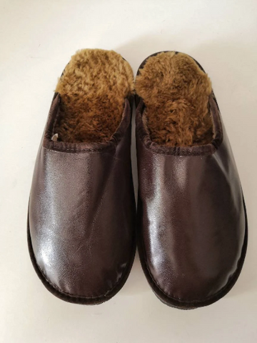 Brown shearling leather slippers for men