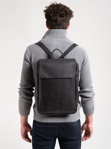 Unisex simple black leather backpack for 15" laptop