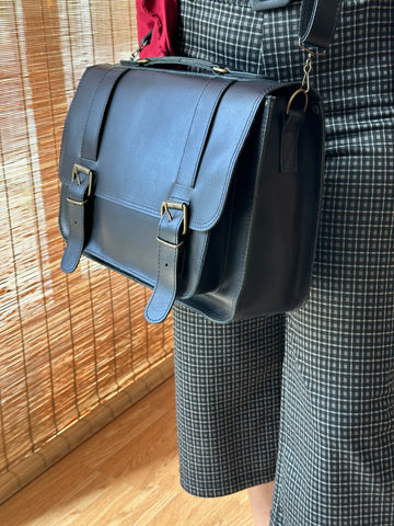 Handmade black leather briefcase for 15" laptop