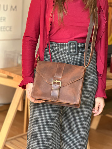 Handmade brown leather crossbody bag