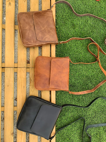 Unisex crossbody handmade tan leather bag