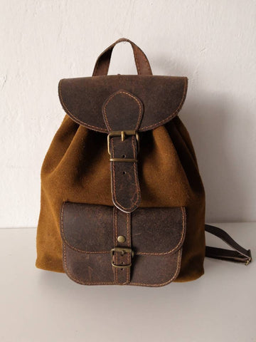 Caramel small backpack suede with dark brown leather top and pocket fits 11" laptop