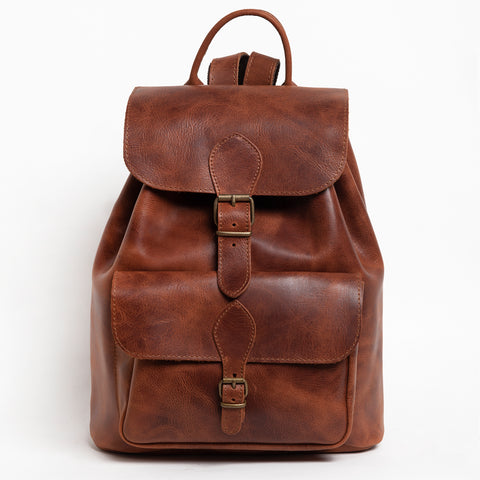 Large unisex leather backpack with a front pocket