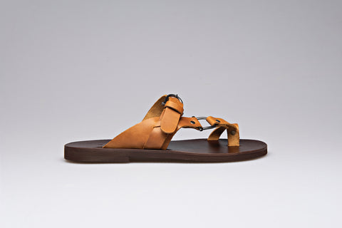 Tan leather slides with metal elements for men "Menelaus"