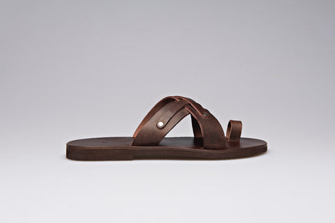 Brown leather flip flops with metal elements for men “Uranus”