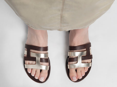 LEATHER SLIDES FLAT leather womens sandals greek sandals gold leather sandals "Cleopatra"