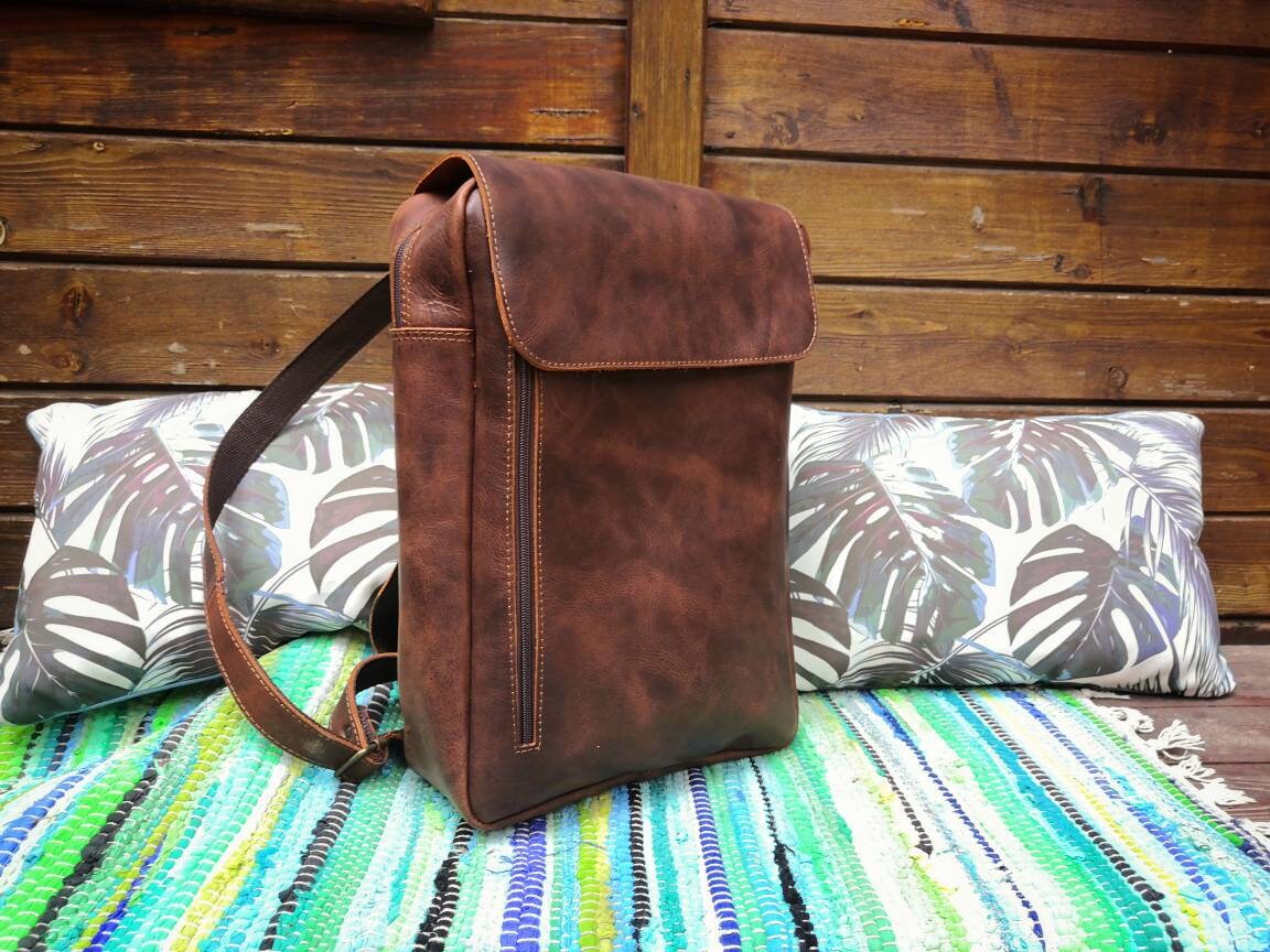 BROWN LEATHER BACKPACK mens leather rucksack, 15"laptop bag, leather backpack men women genuine leather vintage style