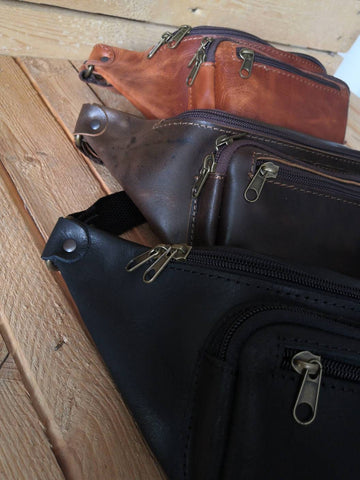 Unisex handmade tan leather hip bag