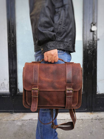 Men's handmade tan leather breifcase for 15" laptop