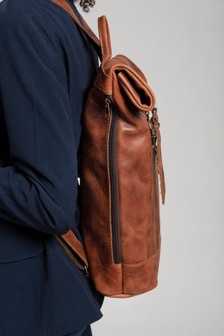 Men's black leather rolltop backpack for 17" laptop
