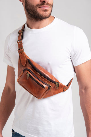 Handmade  brown leather fanny pack for men