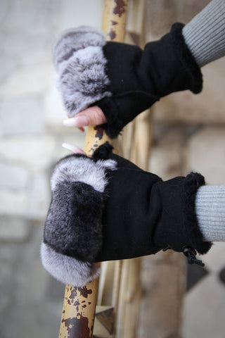 BLACK FINGERLESS GLOVES fur women sheepskin black winter gloves warm fur lining