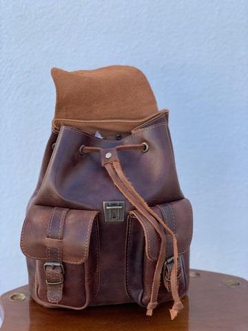 Unisex brown leather backpack with front pockets