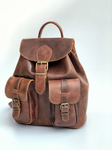 Unisex brown leather backpack with front pockets