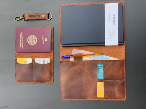 Leather personalized gift set with journal cover, passport holder and keychain