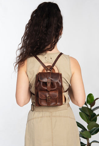 Mini brown all leather backpack for women